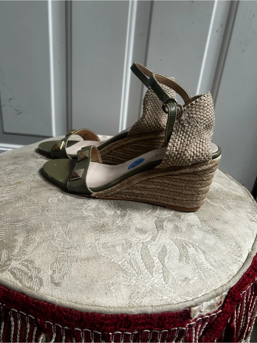 Venise Collection Olive Green Espadrille Wedge Sandals with Ankle Strap Sz 38
